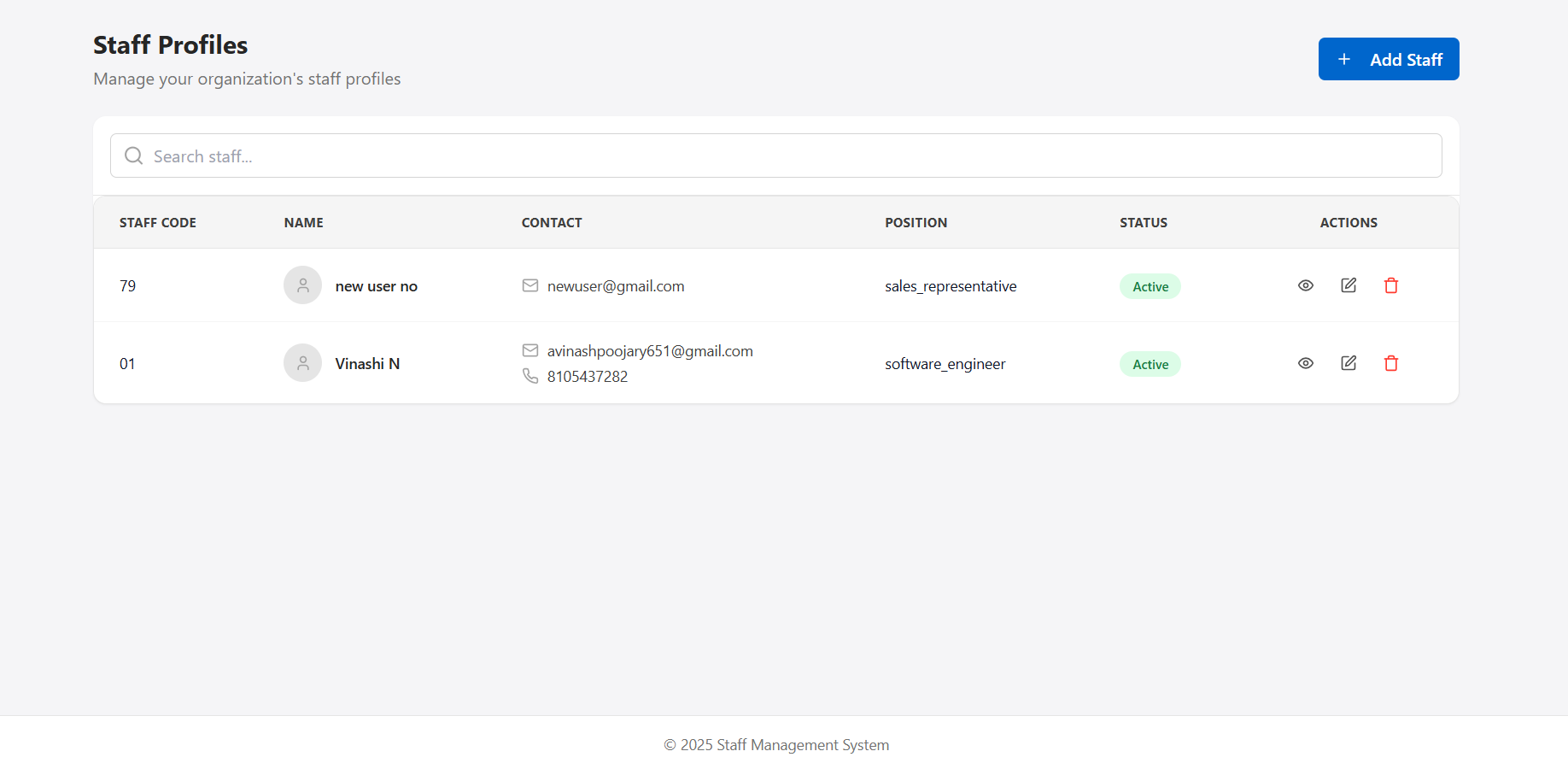 Staff Management Dashboard screenshot 2
